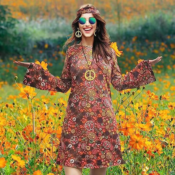  Womens Halloween Retro Hippie Costume Printed Ladies Dress 20