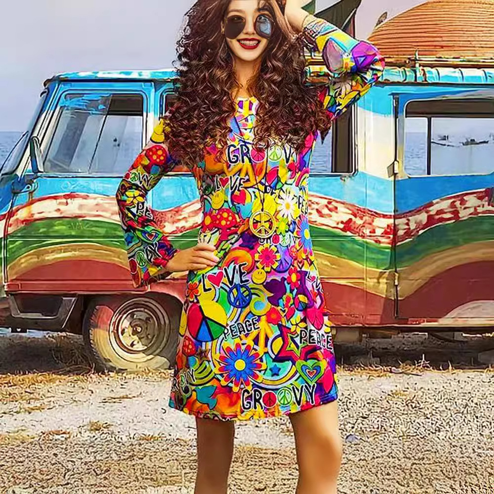  Womens Halloween Retro Hippie Costume Printed Ladies Dress 20