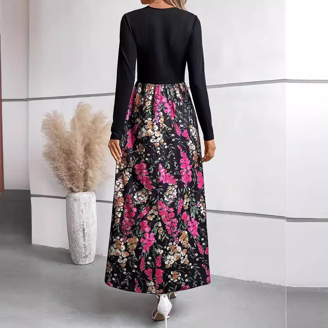 Autumn and winter floral print colorblock long sleeve dress 34