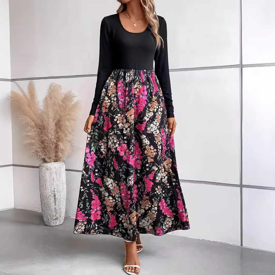 Autumn and winter floral print colorblock long sleeve dress 34 02