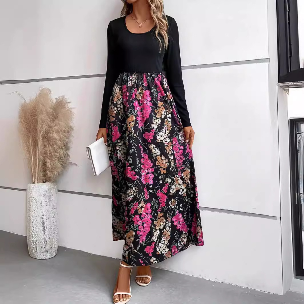 Autumn and winter floral print colorblock long sleeve dress 34 01
