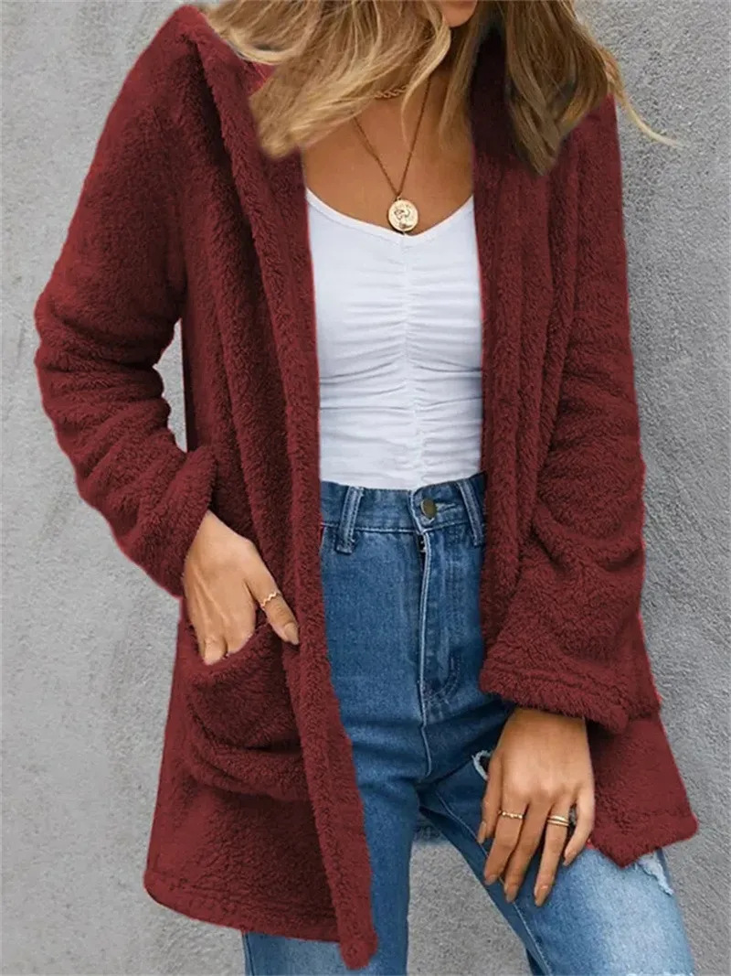 Cardigan Jacket Solid Color Fleece Pocket Opening Strap Women's 3 01