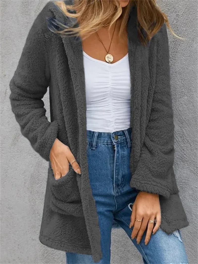 Cardigan Jacket Solid Color Fleece Pocket Opening Strap Women's 3 02