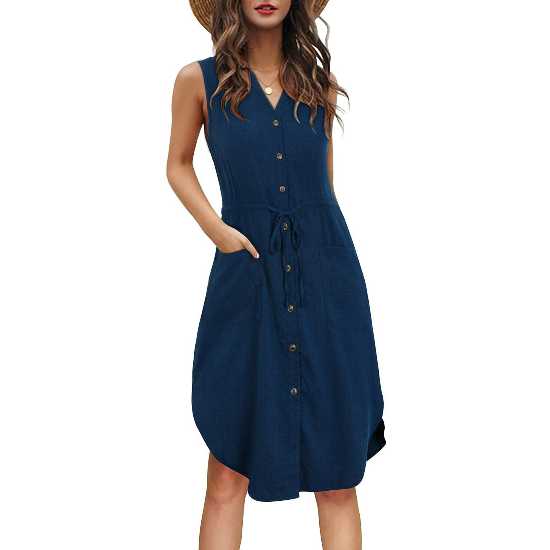 Casual Sleeveless V-Neck Button Tie Pocket Dress 40 01