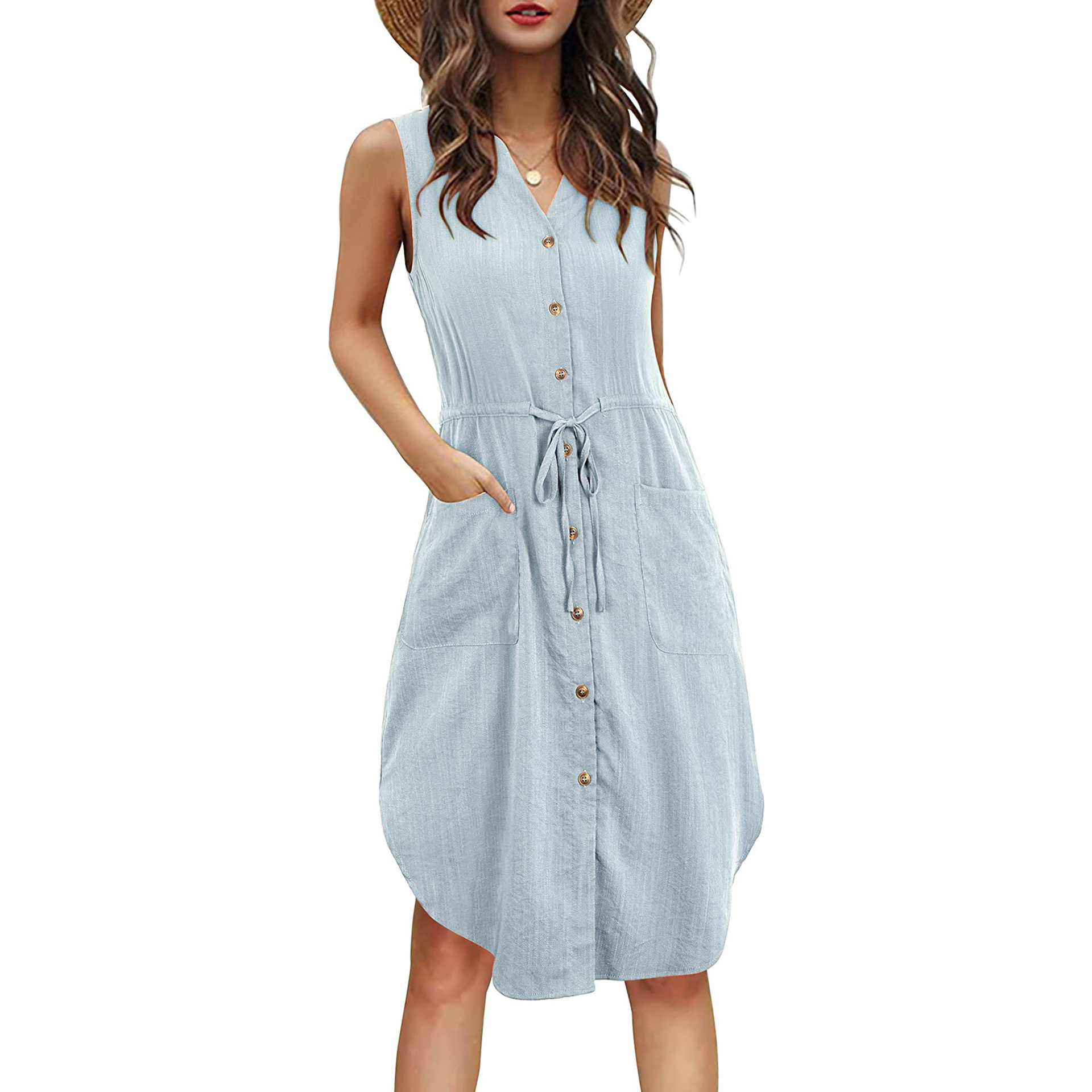 Casual Women's Sleeveless V-Neck Button Tie Pocket Dress 52