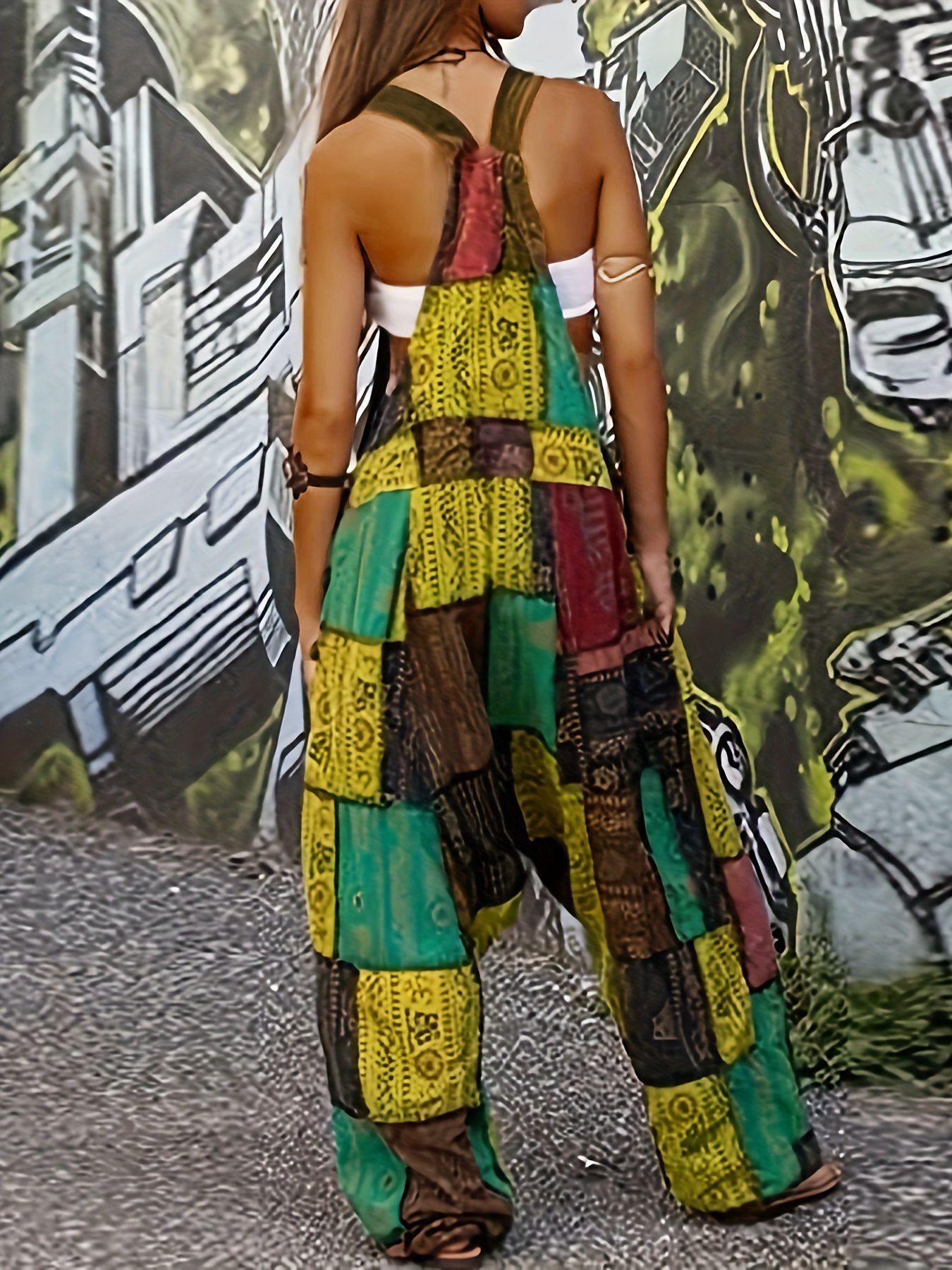 Ethnic print sleeveless loose harem pocket overalls 27