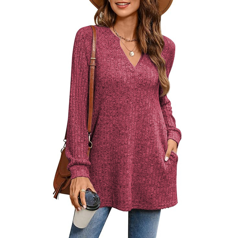 Knitted long sleeve solid color side slit loose top with pockets 32