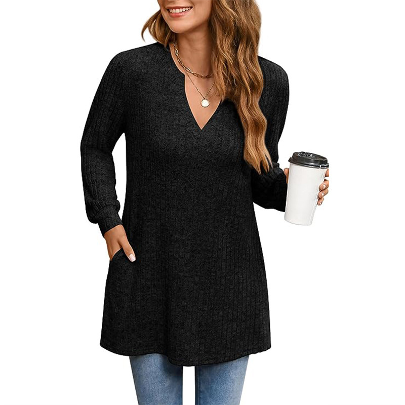 Knitted long sleeve solid color side slit loose top with pockets 32 01