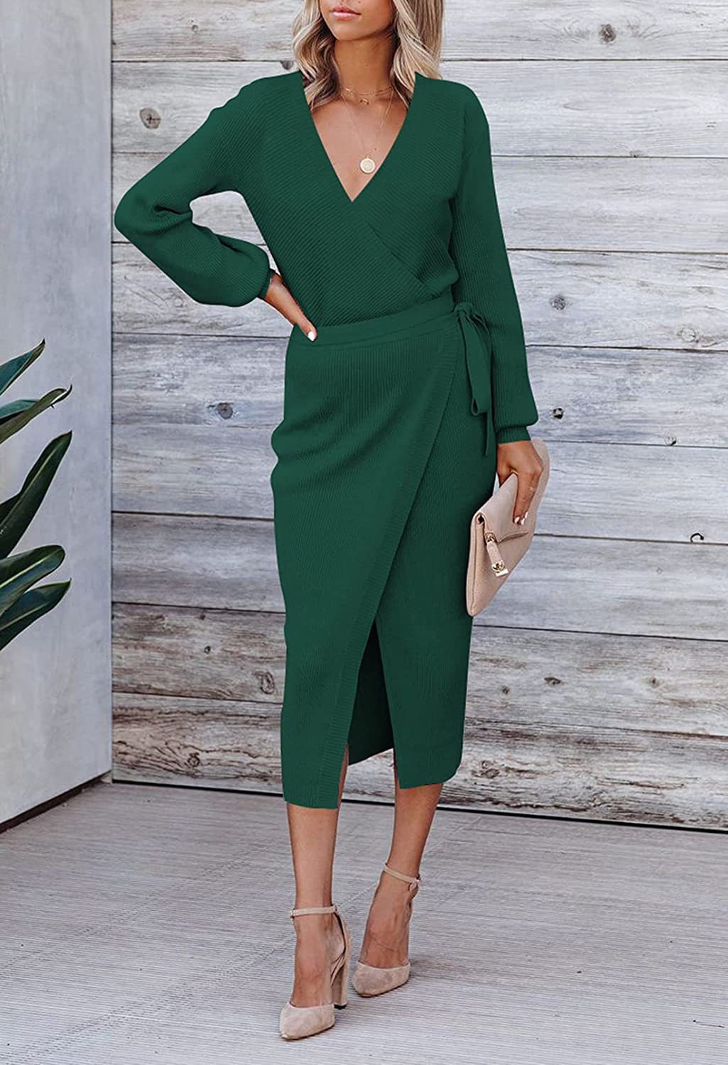 Long Elegant V-neck Knitted Dress 55 01