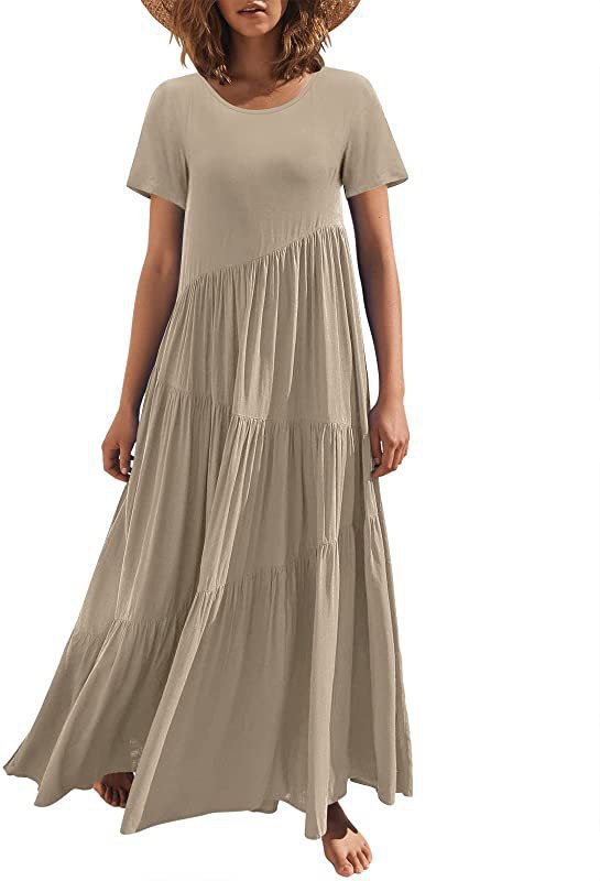 Maxi Short Sleeves Round Neck Layered Beach Maxi Dress 42