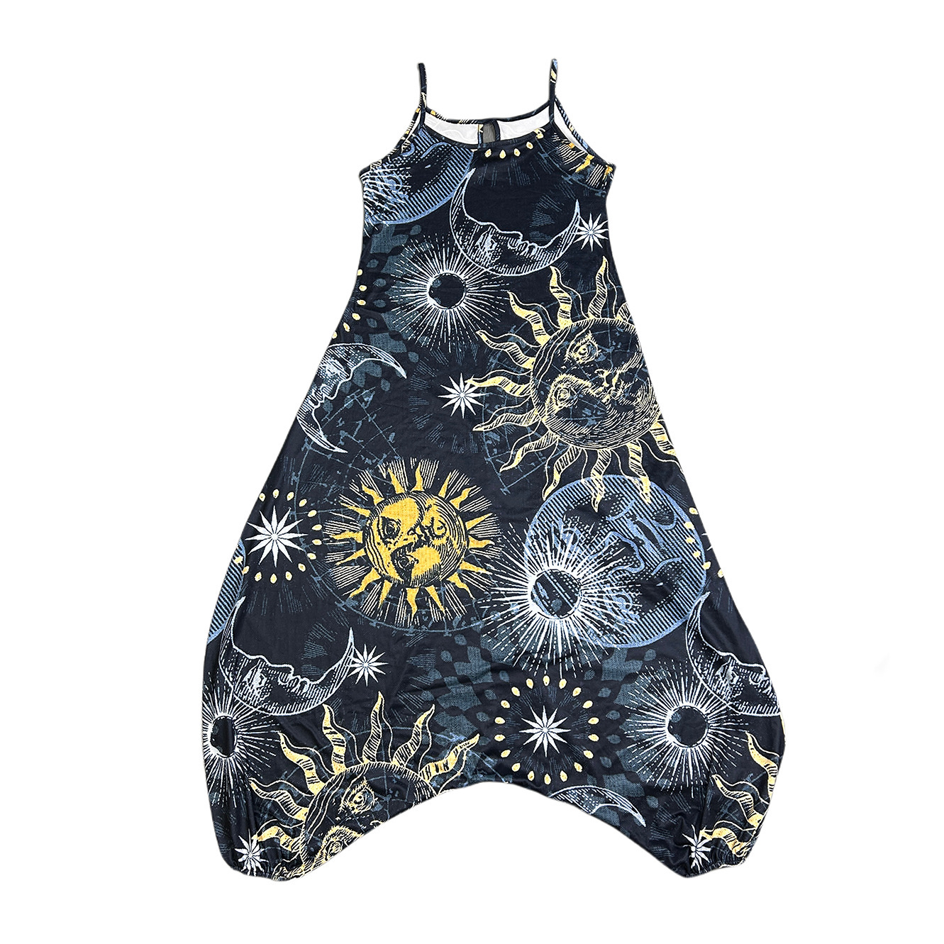 Printed harem crotch jumpsuit sleeveless suspenders 22 01