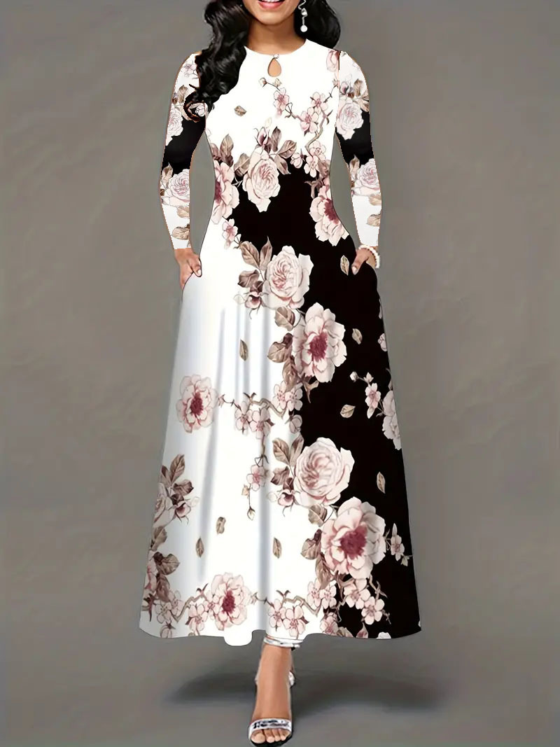 Round neck long sleeve printed pocket waist wide skirt 8 01