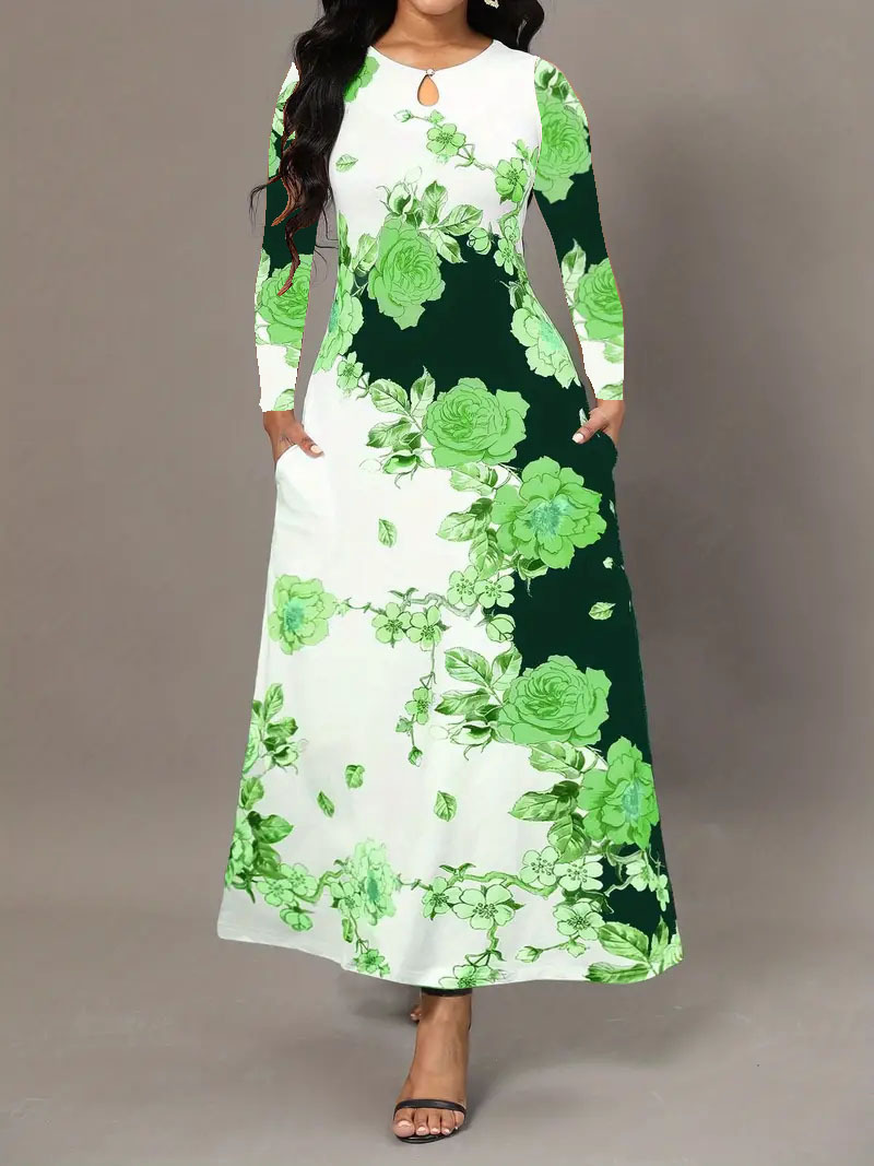 Round neck long sleeve printed pocket waist wide skirt 8 02