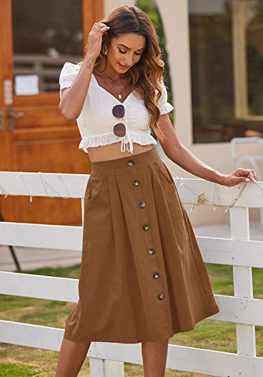 Skirt Casual Button A-Line Skirt High Waist Midi Skirt 45