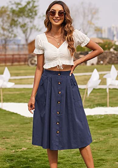 Skirt Casual Button A-Line Skirt High Waist Midi Skirt 45