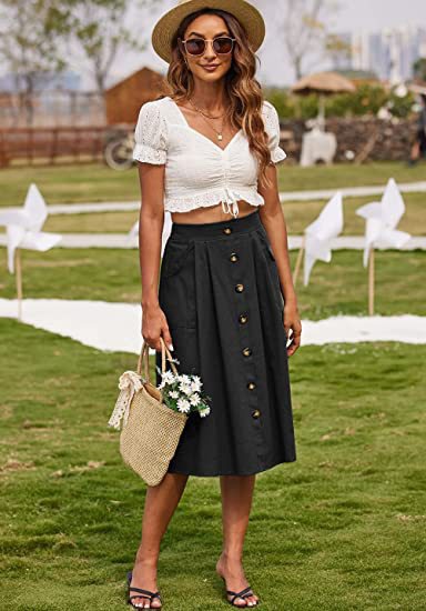 Skirt Casual Button A-Line Skirt High Waist Midi Skirt 45