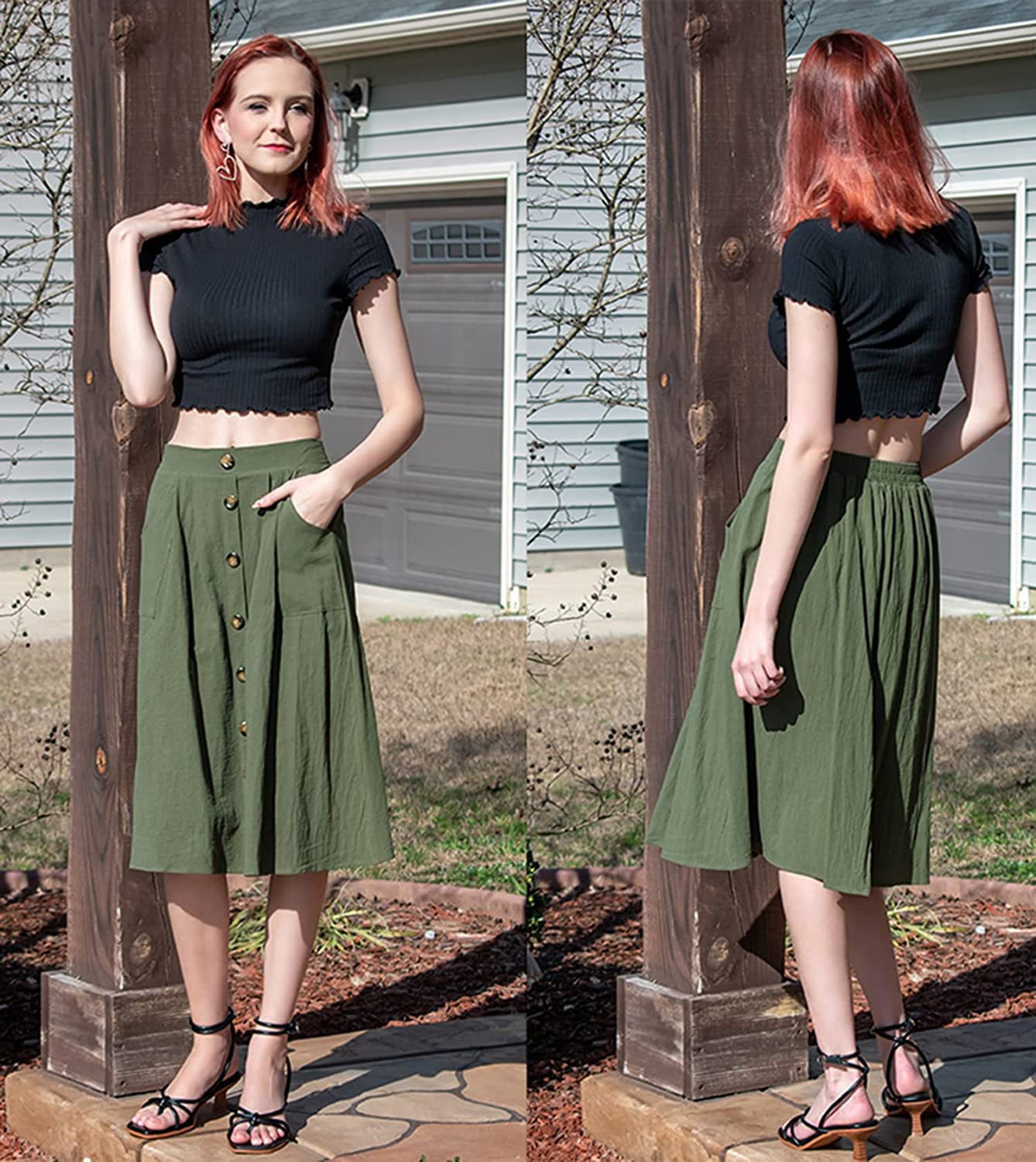 Skirt Casual Button A-Line Skirt High Waist Midi Skirt 45