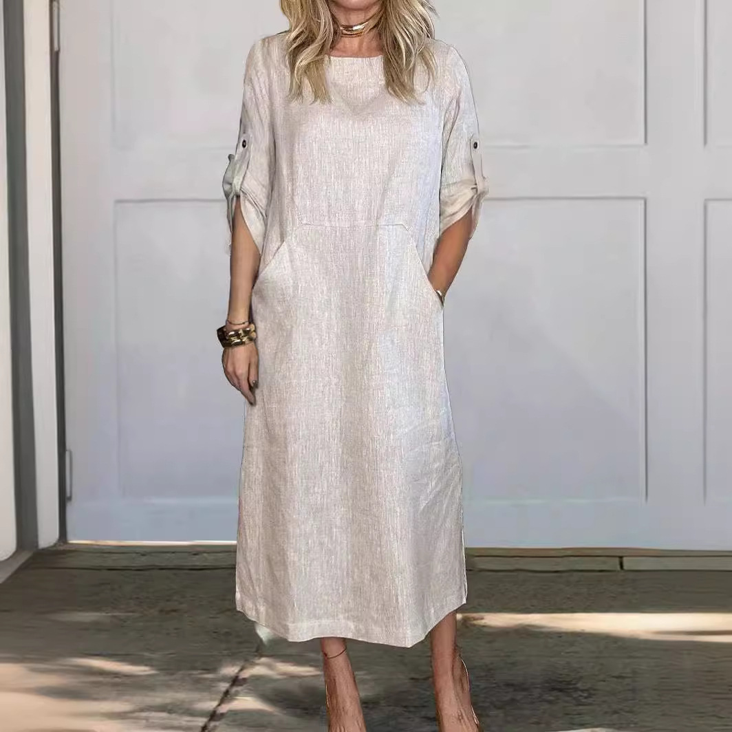 Solid color casual round neck double side pocket long dress 16 02
