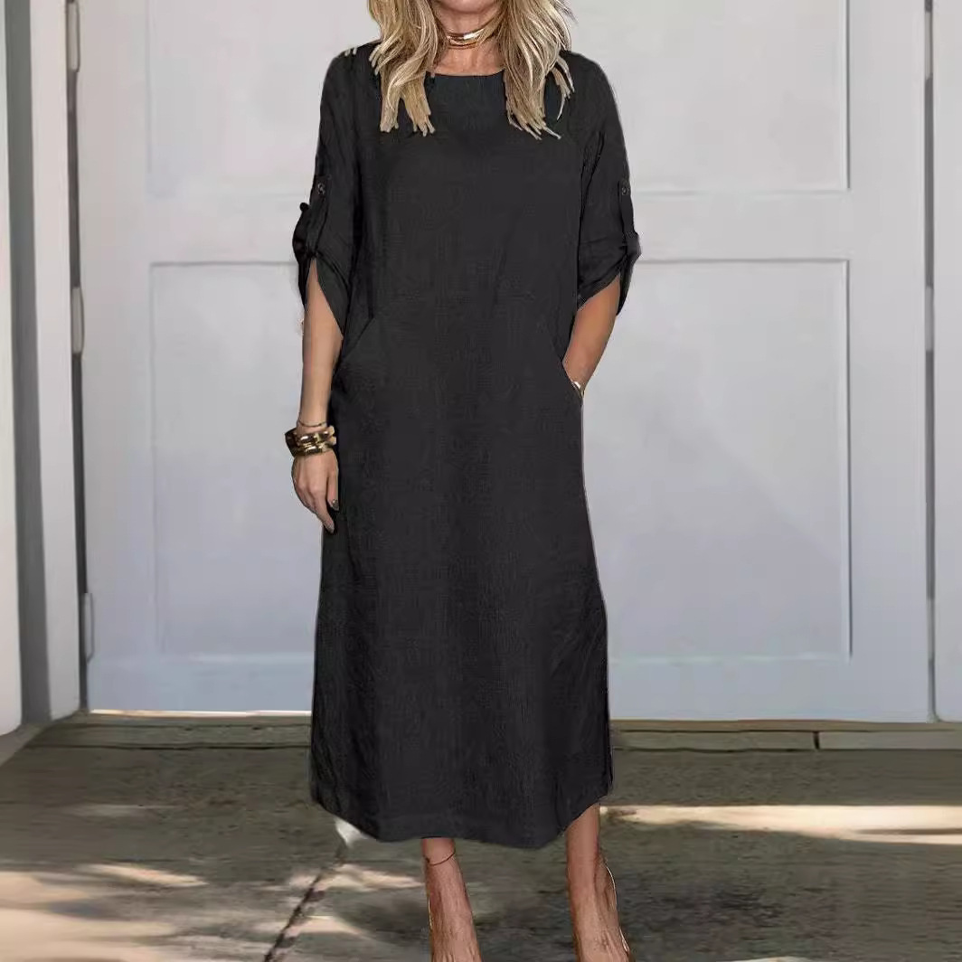 Solid color casual round neck double side pocket long dress 16 01