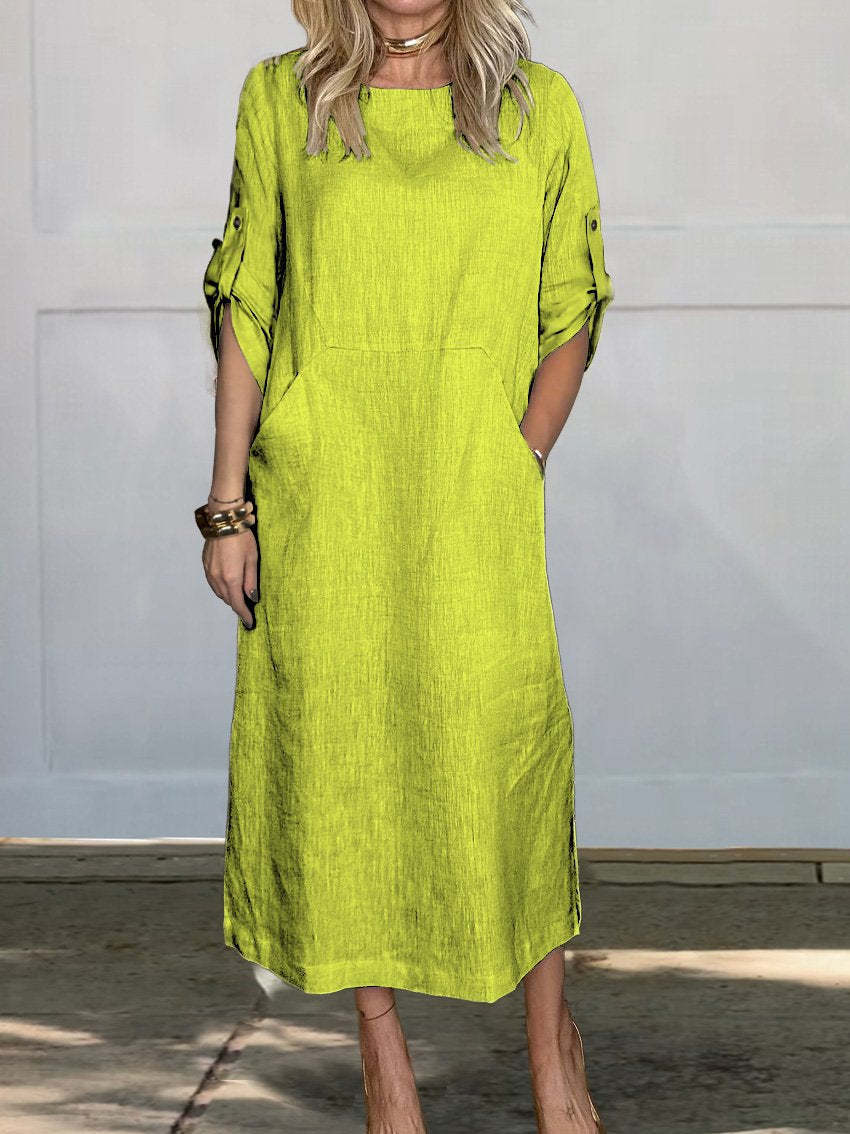 Solid color casual round neck double side pocket long dress 16