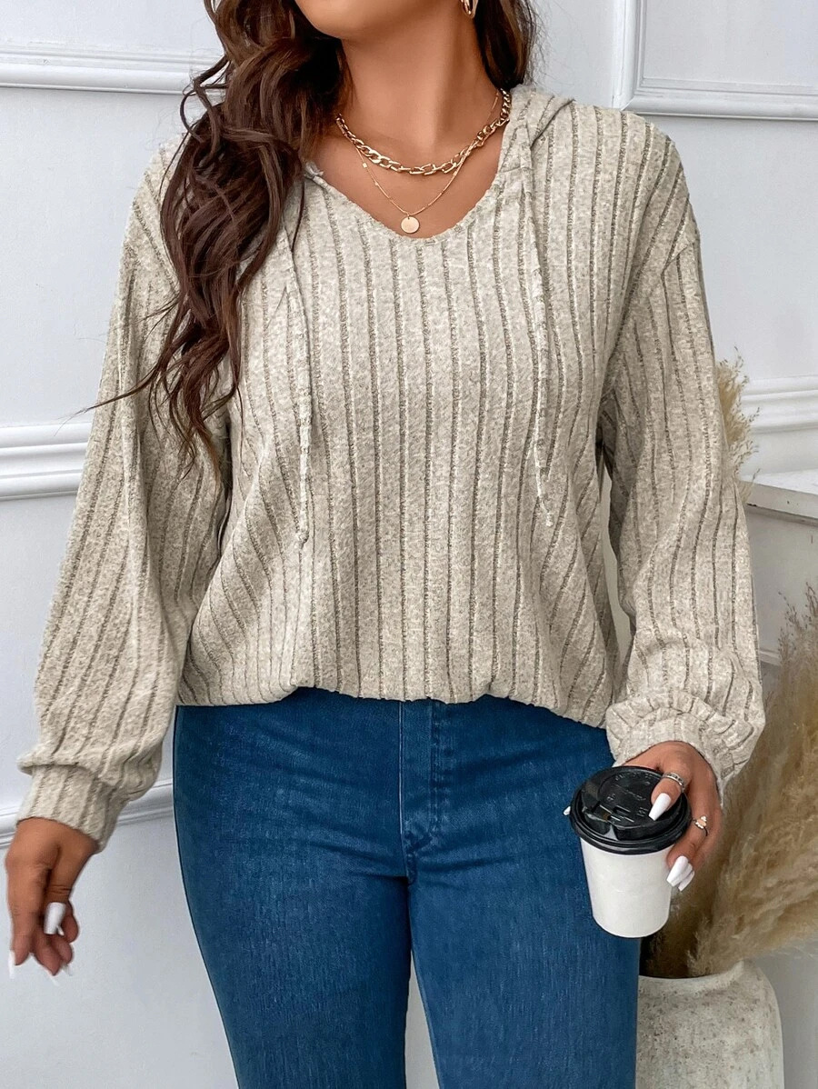 Solid Color Plus Size Women's Tops V-Neck Hooded Long Sleeves 6