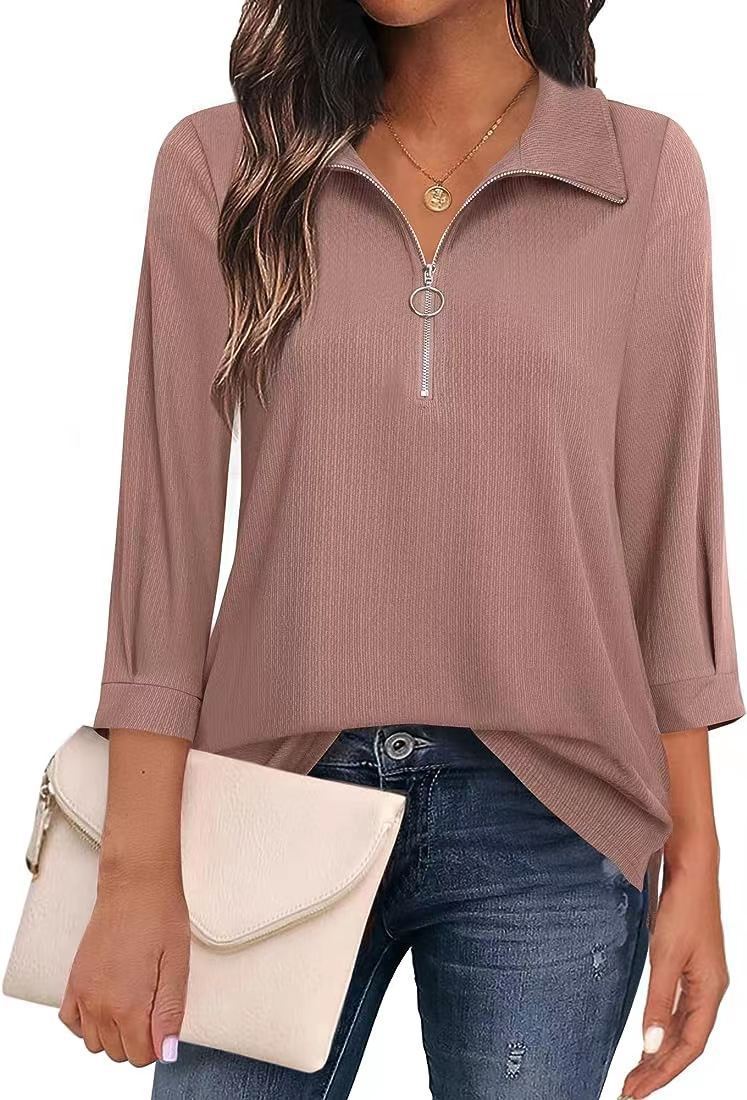 Three-quarter sleeve solid color tops and shirts POLO women's clothing 1