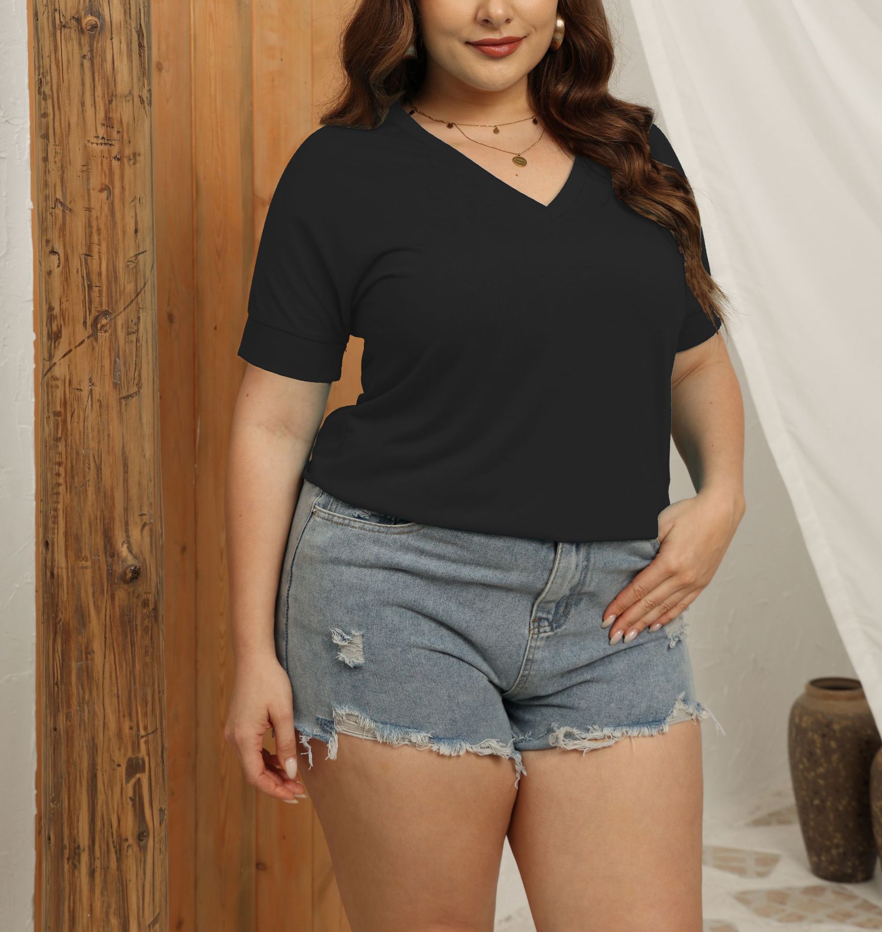 V-neck solid color short-sleeved loose women's top 2 01