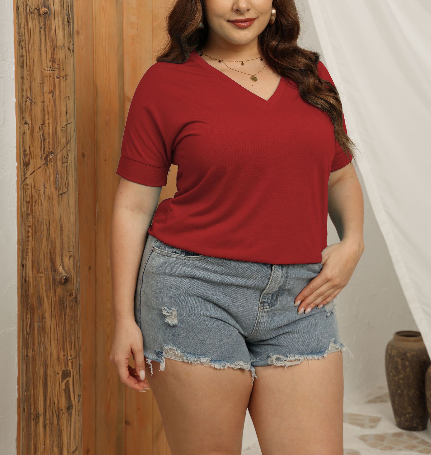 V-neck solid color short-sleeved loose women's top 2