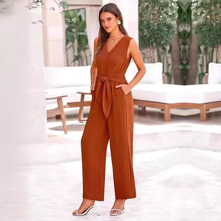 V-neck wide-leg jumpsuit sleeveless belted jumpsuit for women 15 02