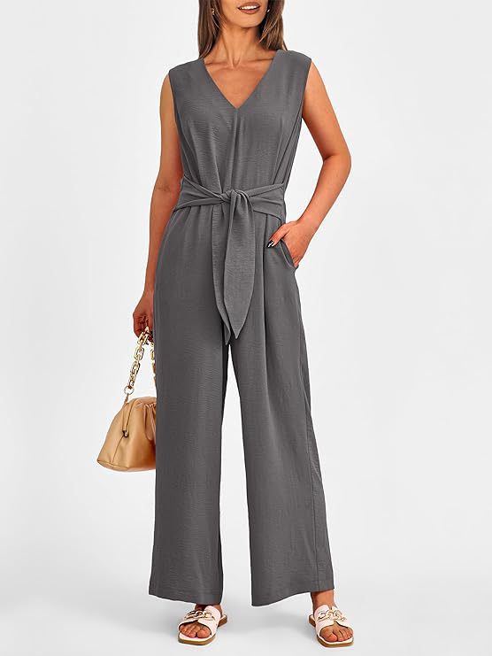 V-neck wide-leg jumpsuit sleeveless belted jumpsuit for women 15 01