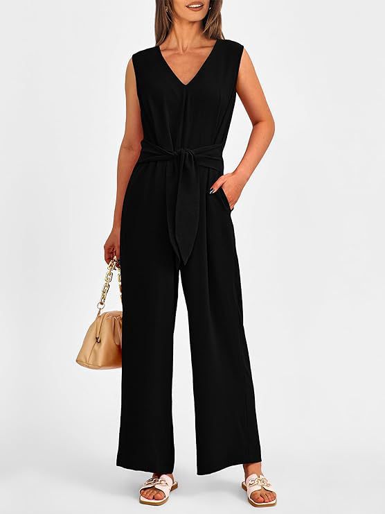 V-neck wide-leg jumpsuit sleeveless belted jumpsuit for women 15