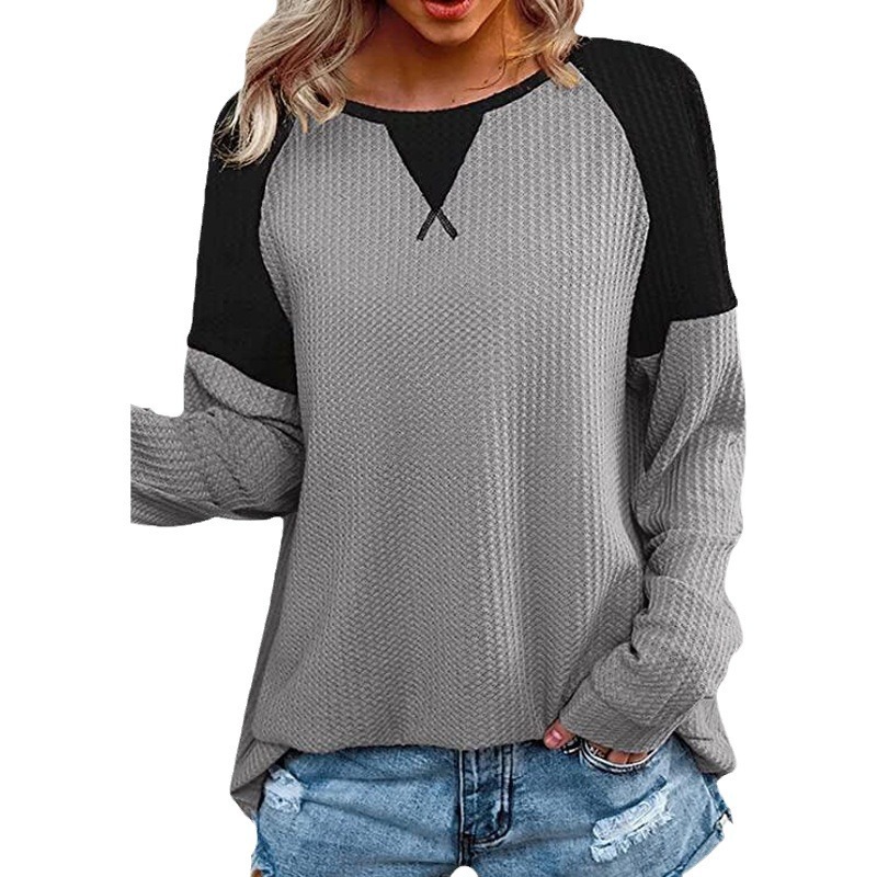 Waffle stitching long sleeve round neck T-shirt top for women 21 01