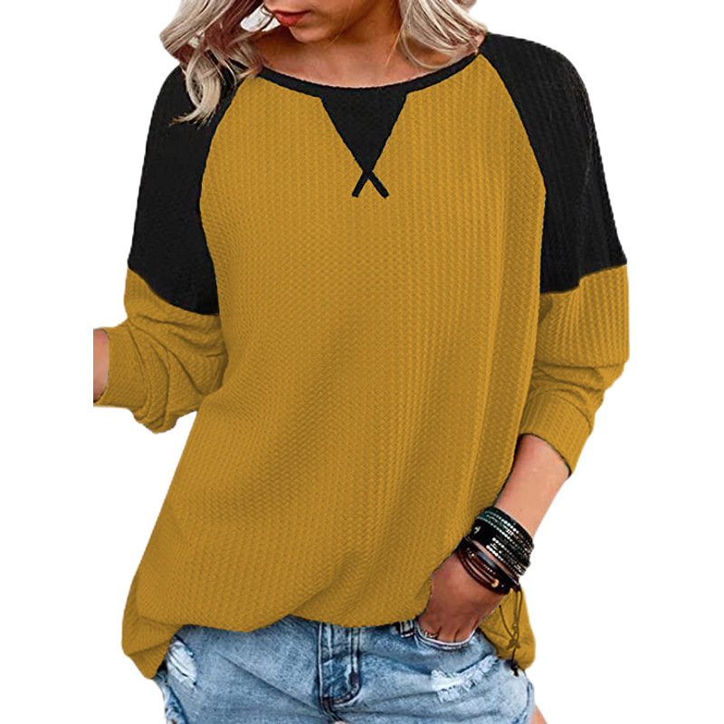 Waffle stitching long sleeve round neck T-shirt top for women 21 02