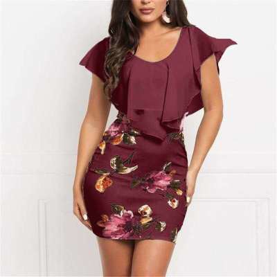 Women's fake two-piece printed slim dress 59 01