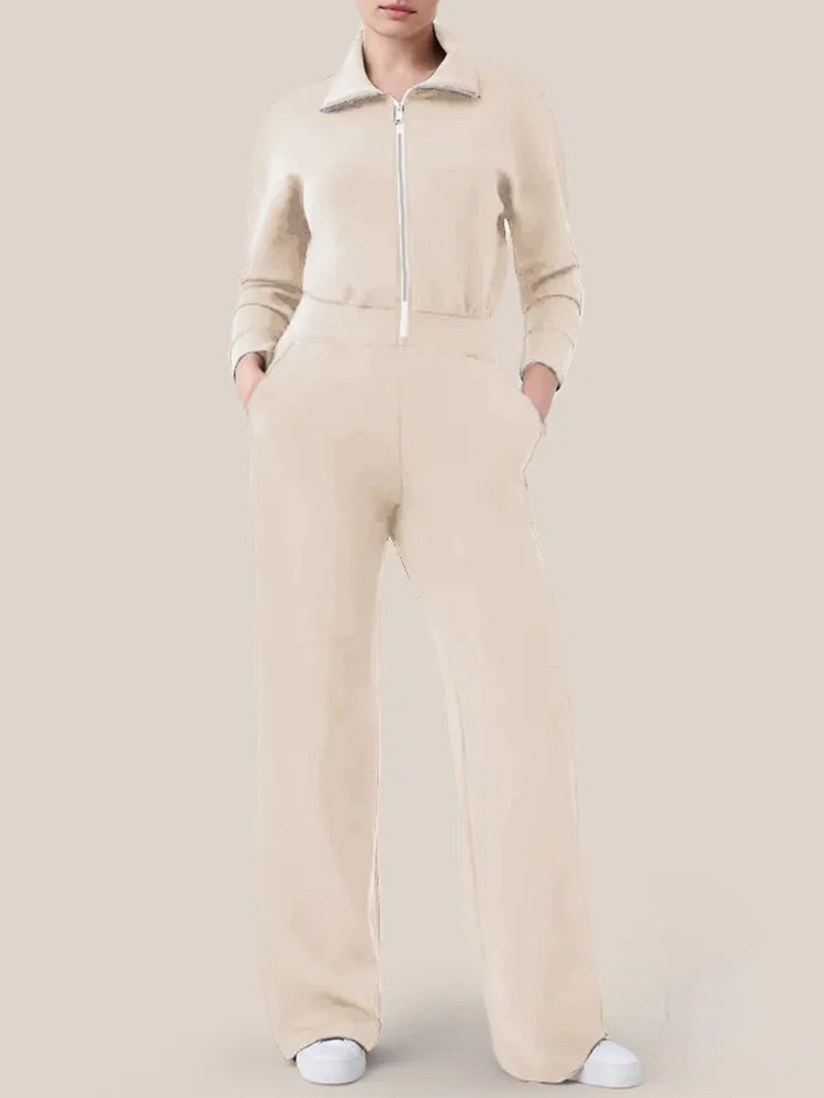 Women's Long Sleeve Wide Leg Jumpsuit Zipper Lapel Sweatshirt Set 19 02