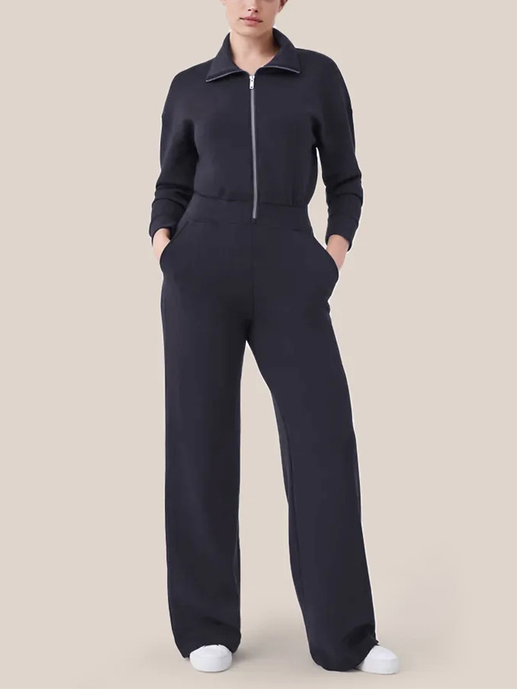 Women's Long Sleeve Wide Leg Jumpsuit Zipper Lapel Sweatshirt Set 19