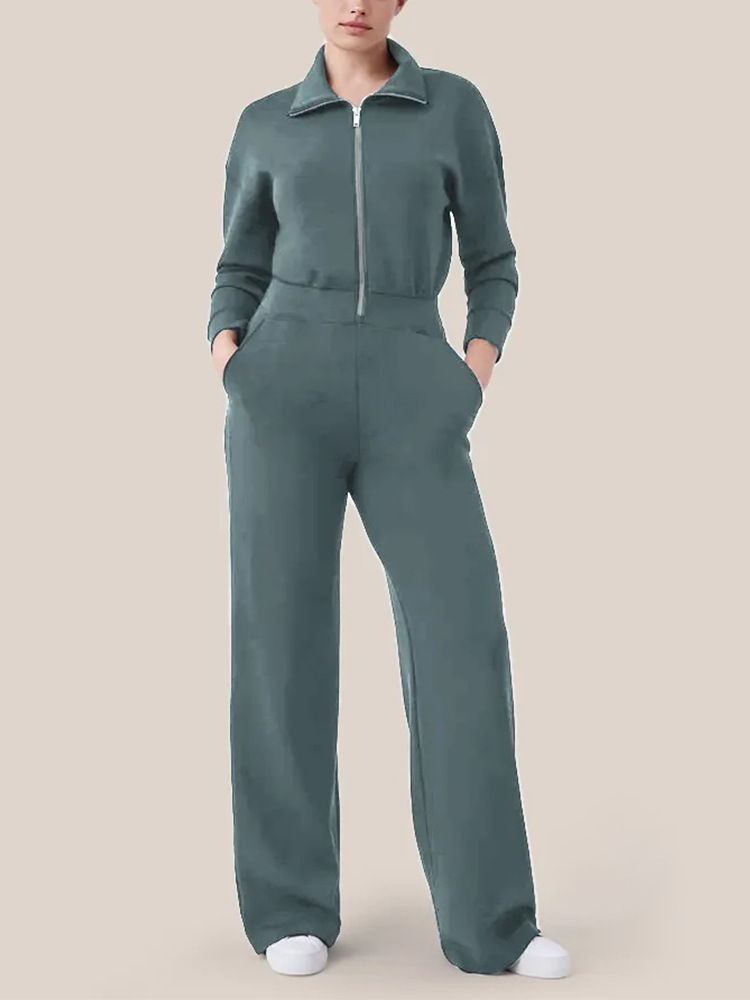 Women's Long Sleeve Wide Leg Jumpsuit Zipper Lapel Sweatshirt Set 19 01