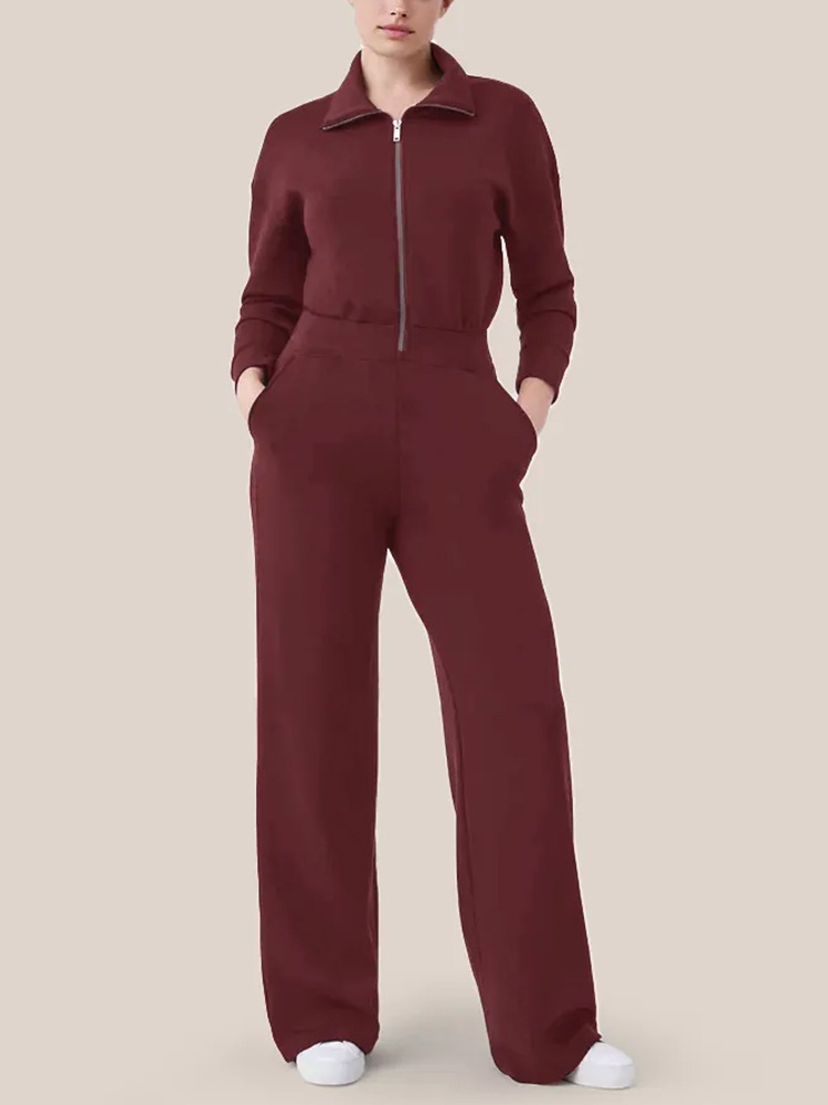 Women's Long Sleeve Wide Leg Jumpsuit Zipper Lapel Sweatshirt Set 19