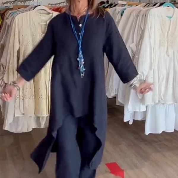 Women's solid color casual loose long-sleeved cotton and linen suit 17 01