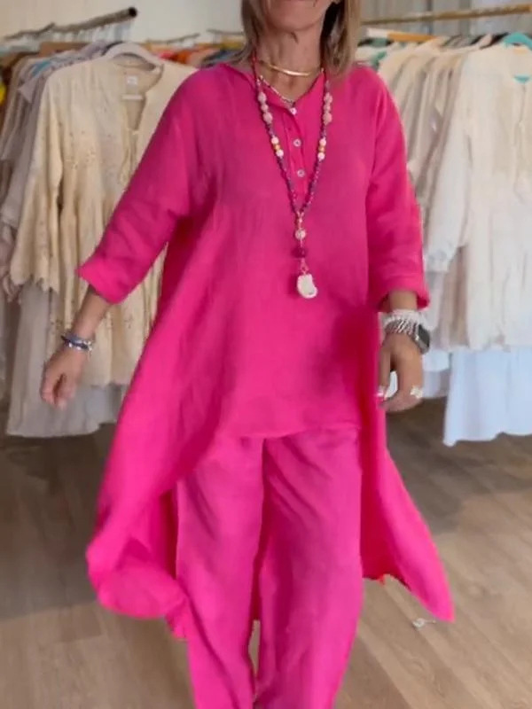 Women's solid color casual loose long-sleeved cotton and linen suit 17