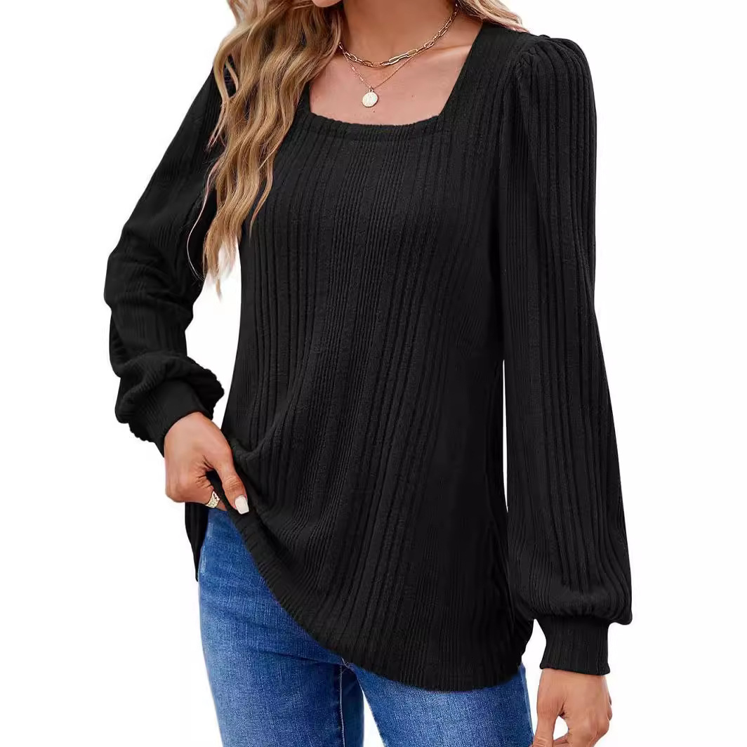 Women's square neck fashionable casual long-sleeved top 10