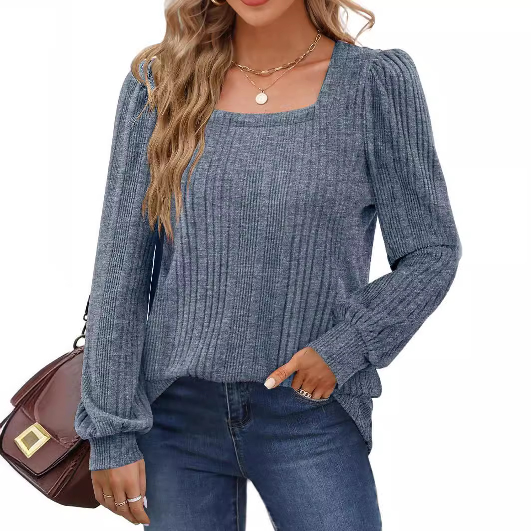 Women's square neck fashionable casual long-sleeved top 10 01
