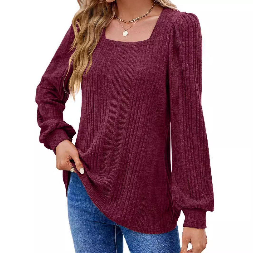 Women's square neck fashionable casual long-sleeved top 10