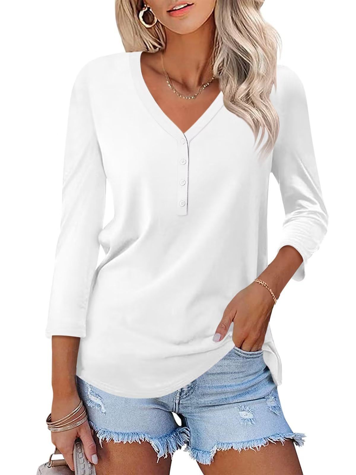 Women's V-neck solid color casual long-sleeved T-shirt 28 01