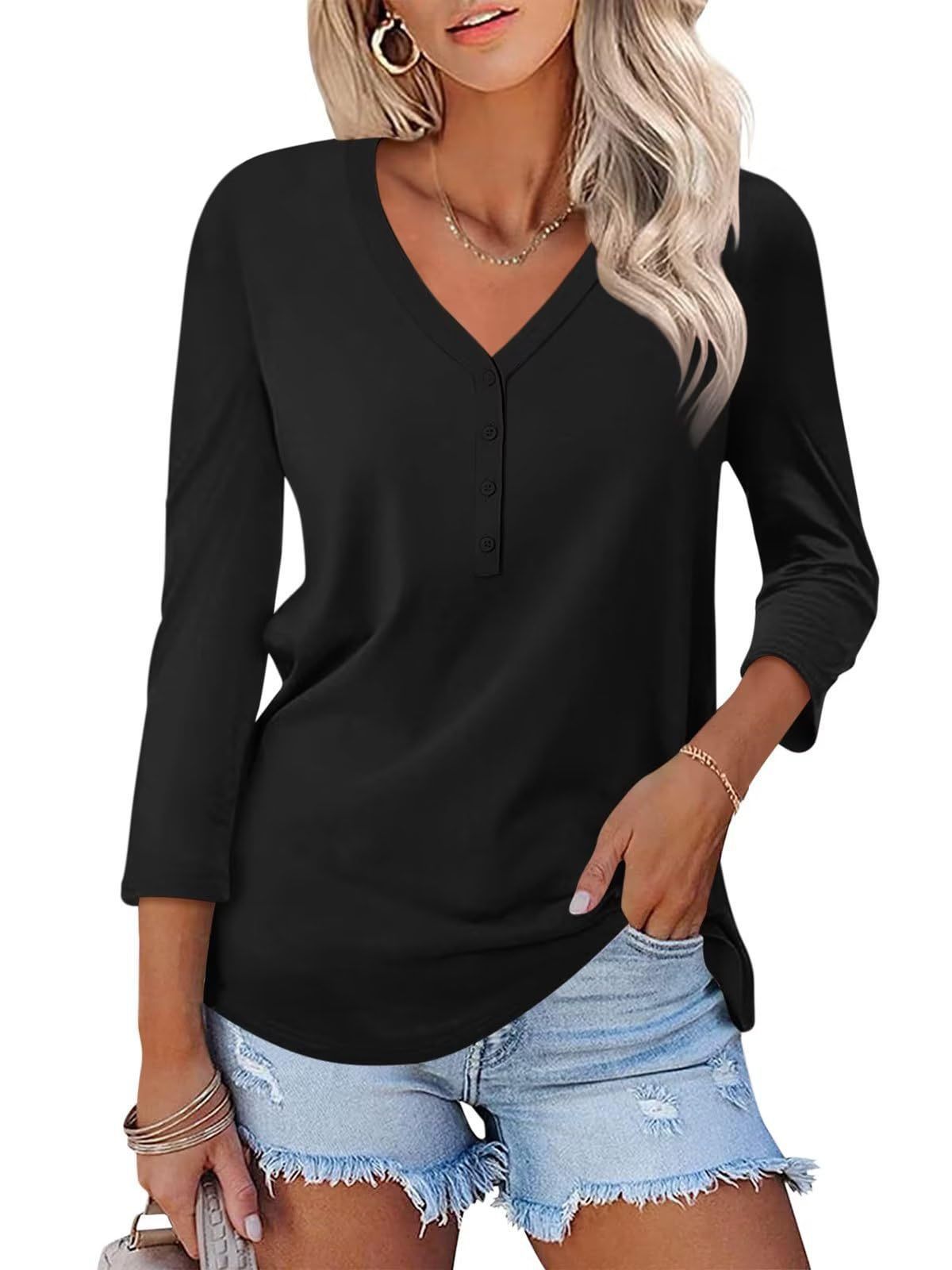 Women's V-neck solid color casual long-sleeved T-shirt 28