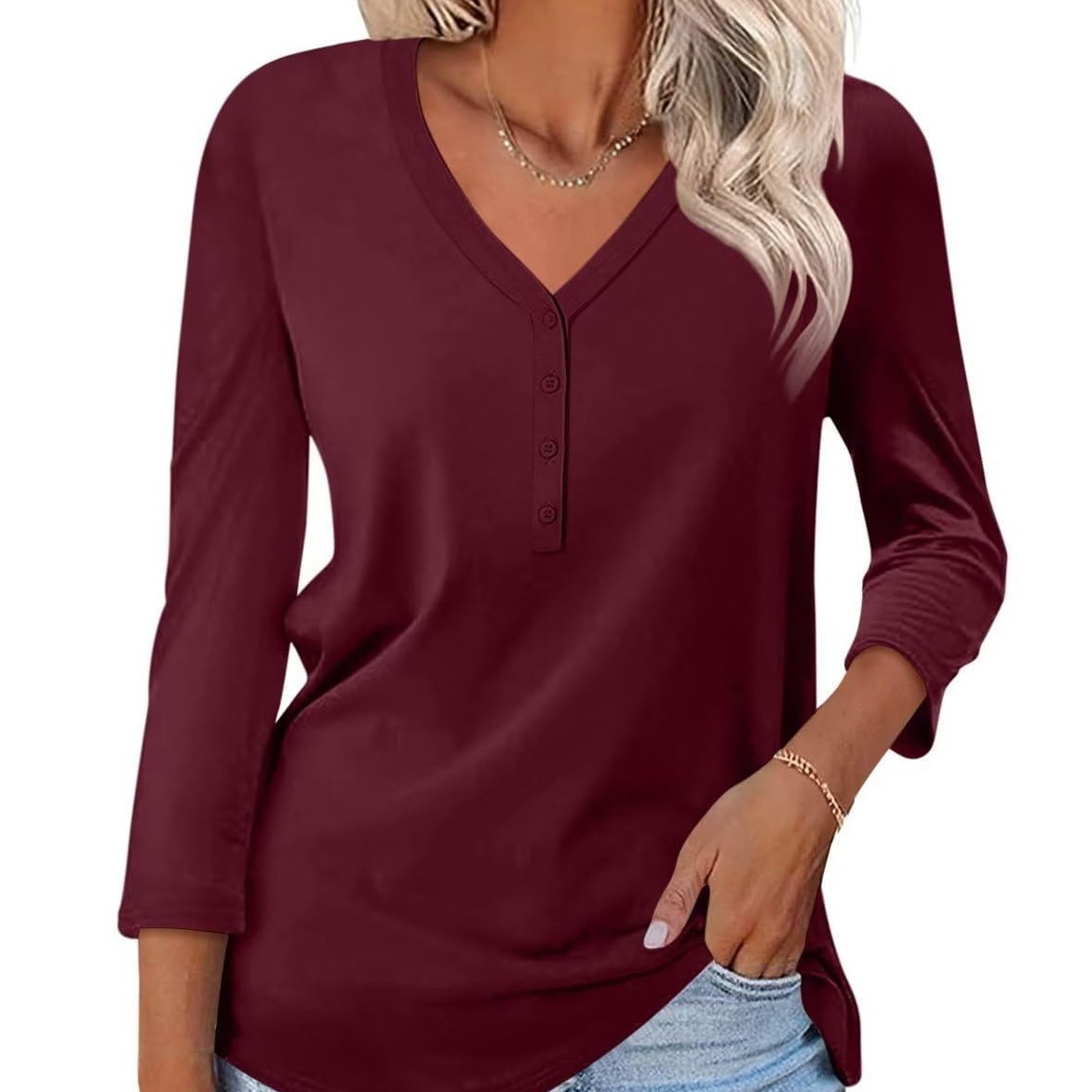 Women's V-neck solid color casual long-sleeved T-shirt 28 02
