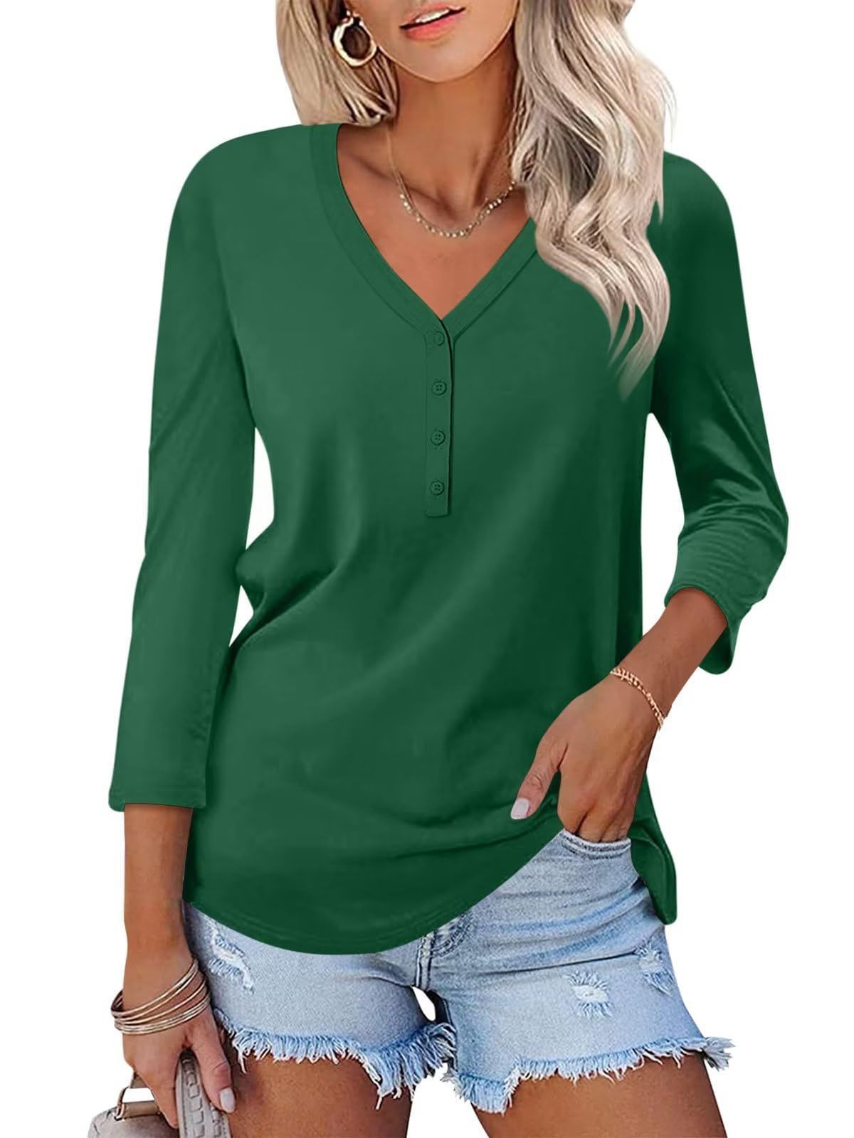 Women's V-neck solid color casual long-sleeved T-shirt 28